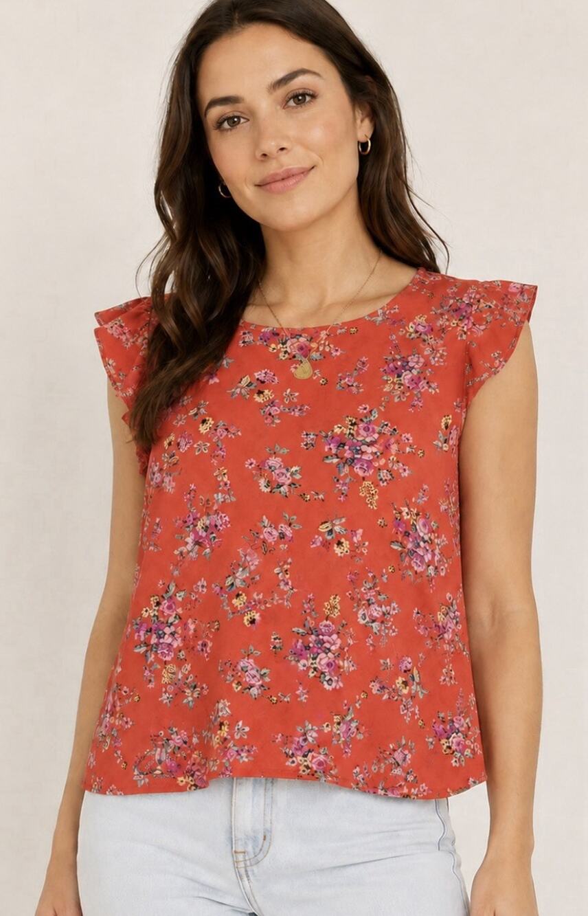 Forever 21 Floral Boho-inspired Flutter-Sleeve Blouse – Women’s Size Small